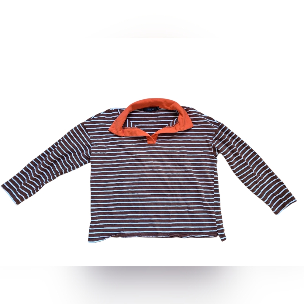 Zesica Brown & White Striped Vicose Blend Sweatshirt With Orange Collar Size M